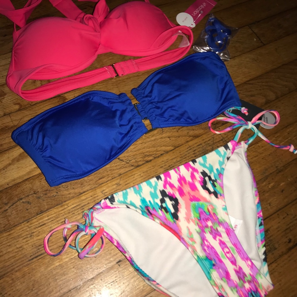 3piece PushupPink StraplessBlue & TribalBikini Set